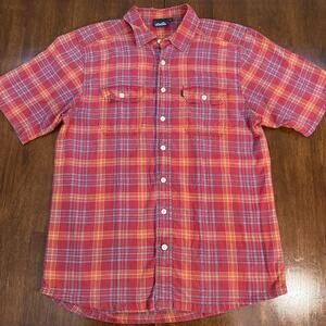 Kavu Short Sleeve Button Up Red Plaid Men's Size Large 100% Cotton Made in India